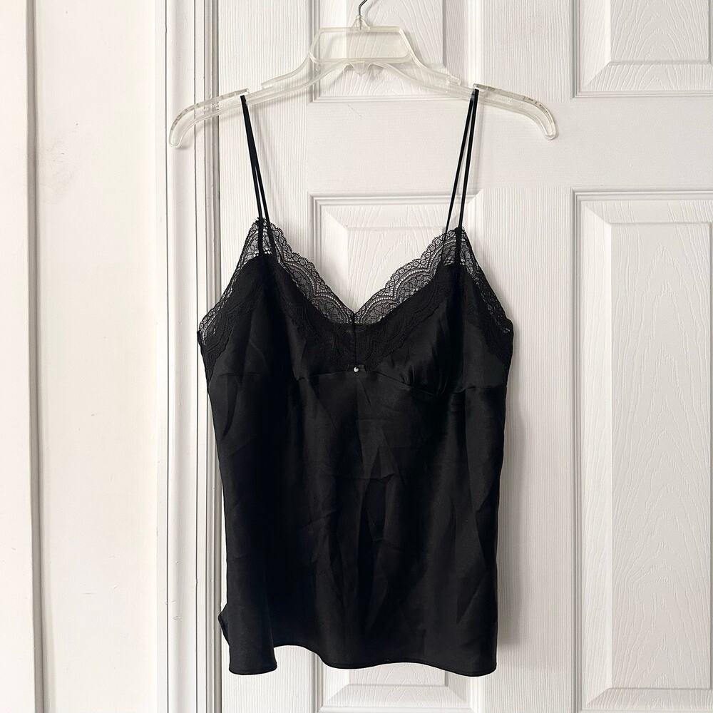 Victoria's Secret Black Satin Lace Trim Clear Jewel Accent Slip Tank Lingerie L